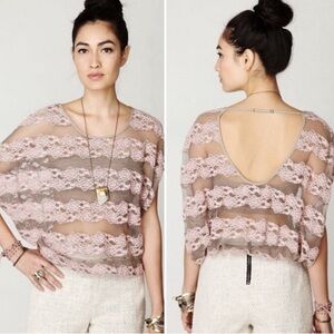 Free People Womens County Fair Blouse Top Sheer Taupe Pink Banded Bottom Size L